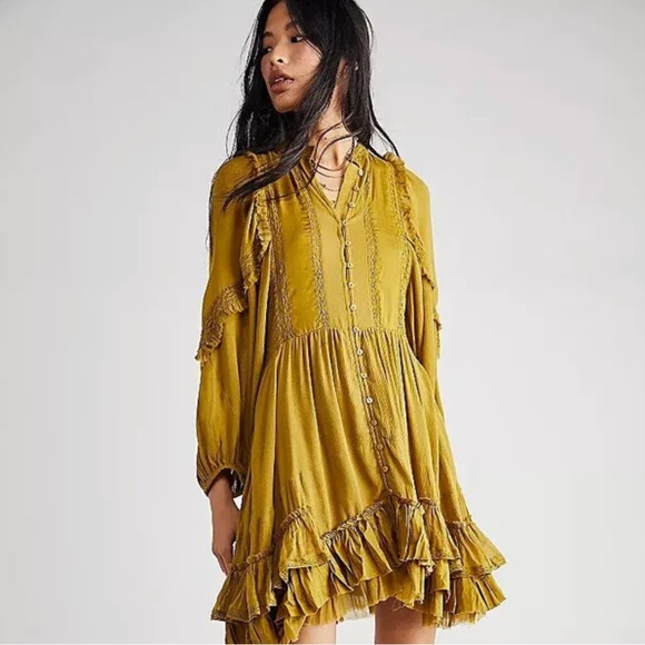 Free People Dresses & Skirts - NWT Free People Ambrosia Mini Dress In Olive Green Lace Detail, Ruffles Size XS